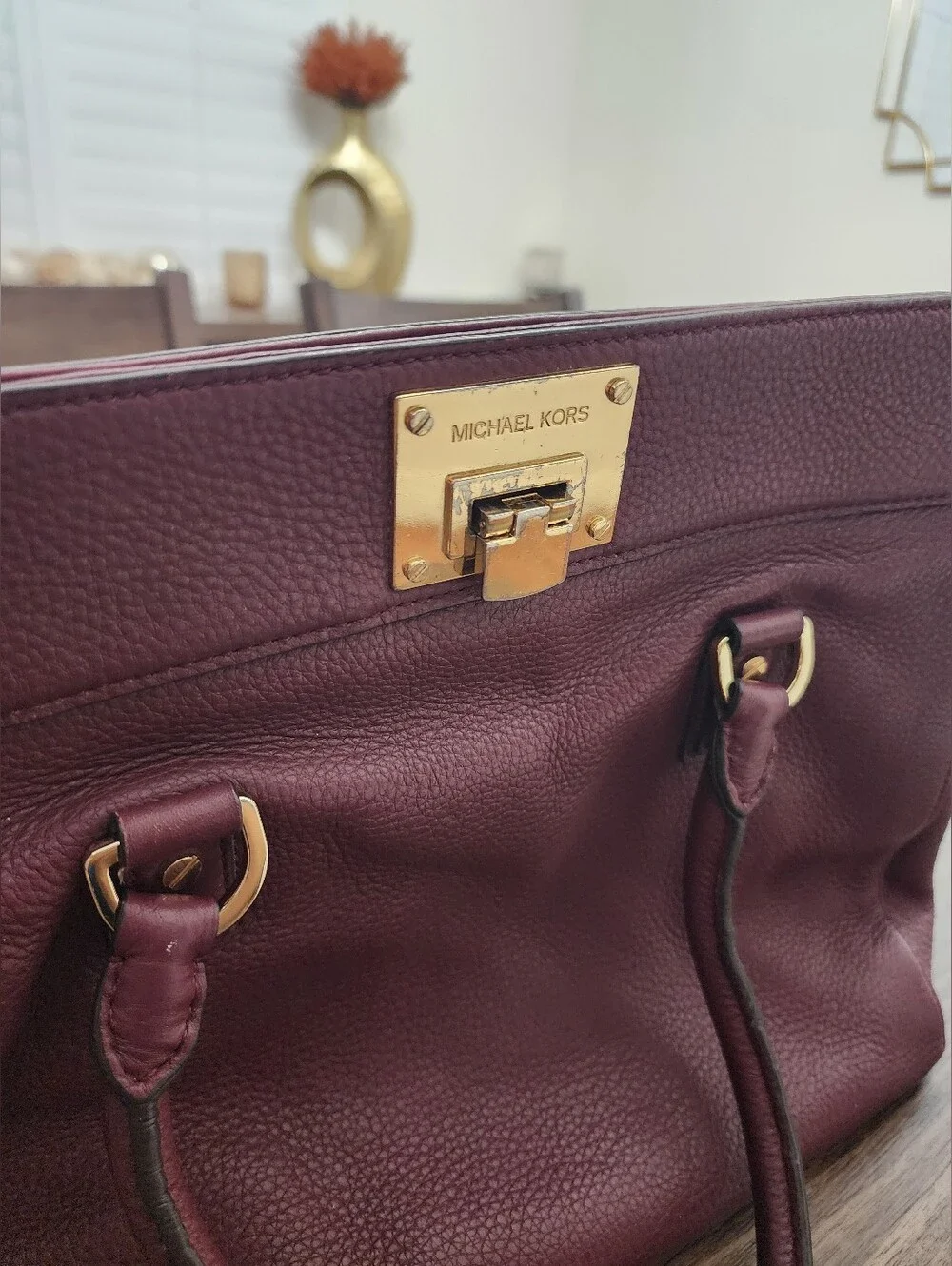 Michael Kors Burgundy Pebbled Leather Tote with Gold Hardware